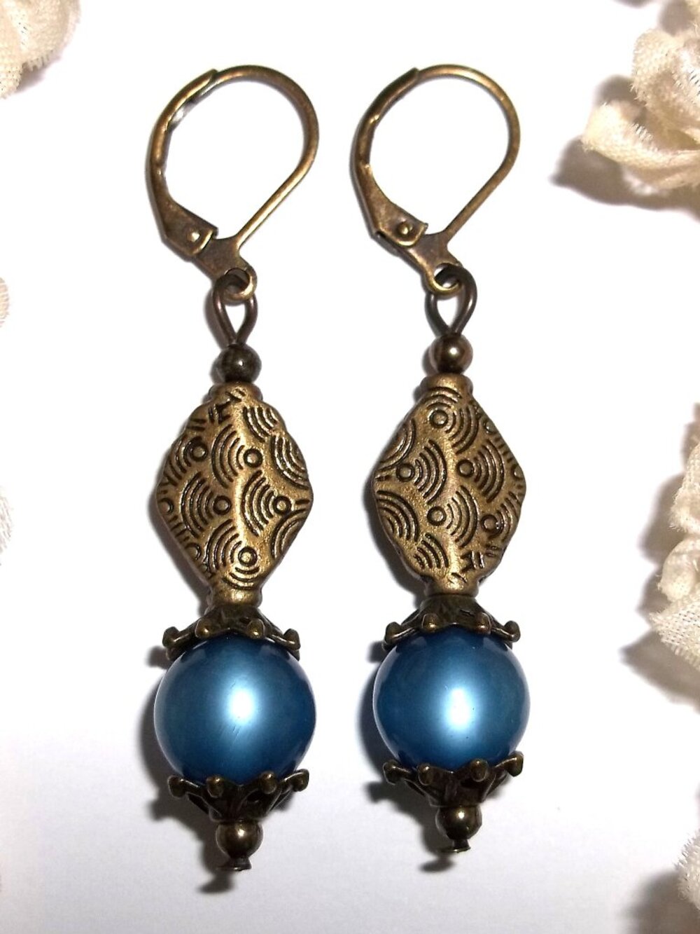 Boho Earrings Blue Moonstone and Bronze Dangle Long Beaded Jewelry Set NWT D9133